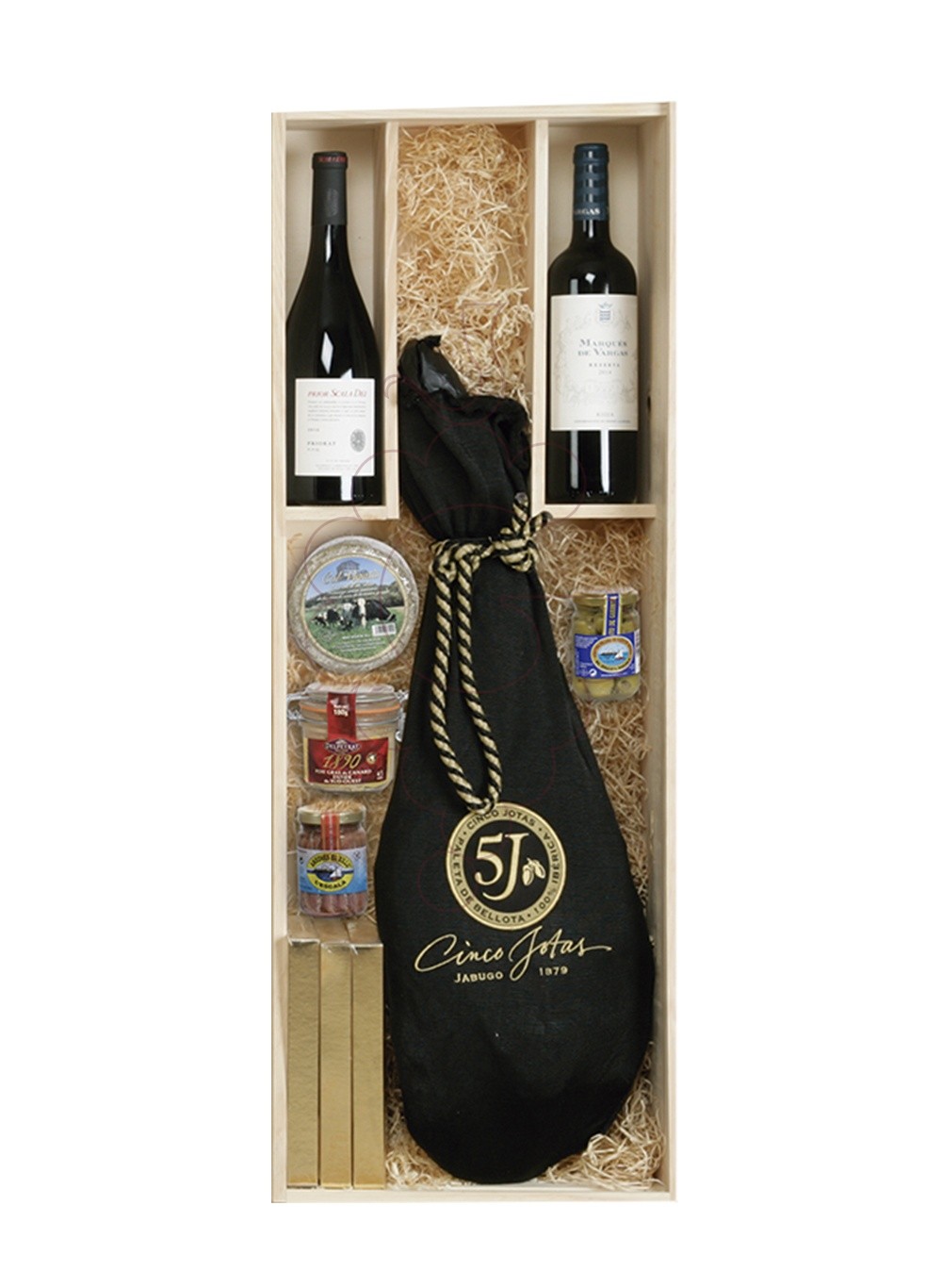Photo Christmas boxes 2 Wine bottles + Iberian Ham 5J 5kg + Assortment