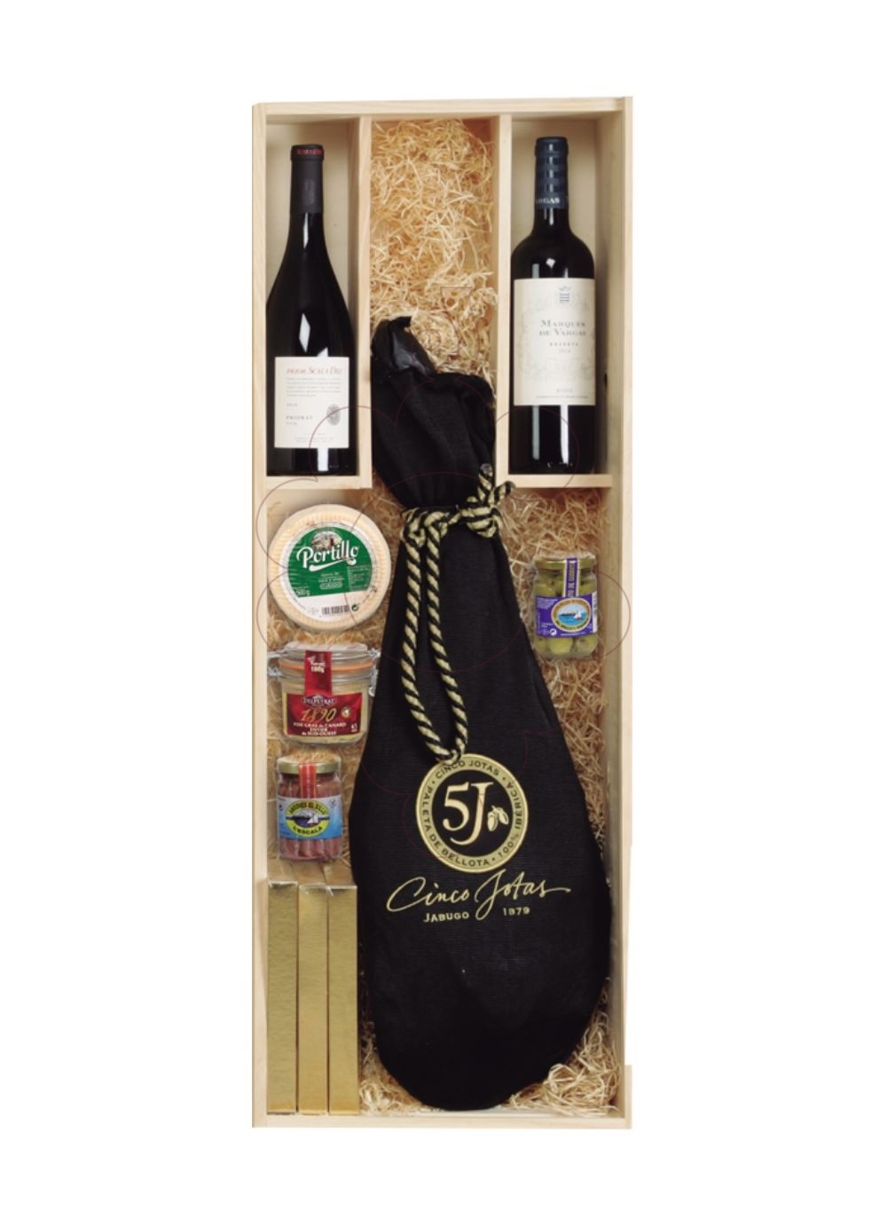 Photo Christmas boxes 2 Wine bottles + Iberian Ham 5J 5kg + Assortment